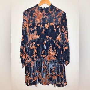 ODDY Velvet Floral Long Sleeve Dress - Orange and Blue Burn Out